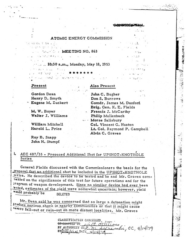 Annotation: "Atomic energy commission;Meeting no. 863;10:30 a.m., Monday, May 18, 1953"