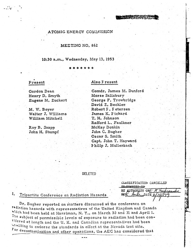 Annotation: "Atomic energy commission;Meeting no. 862;10:30 a.m., Wednesday, May 13, 1953"