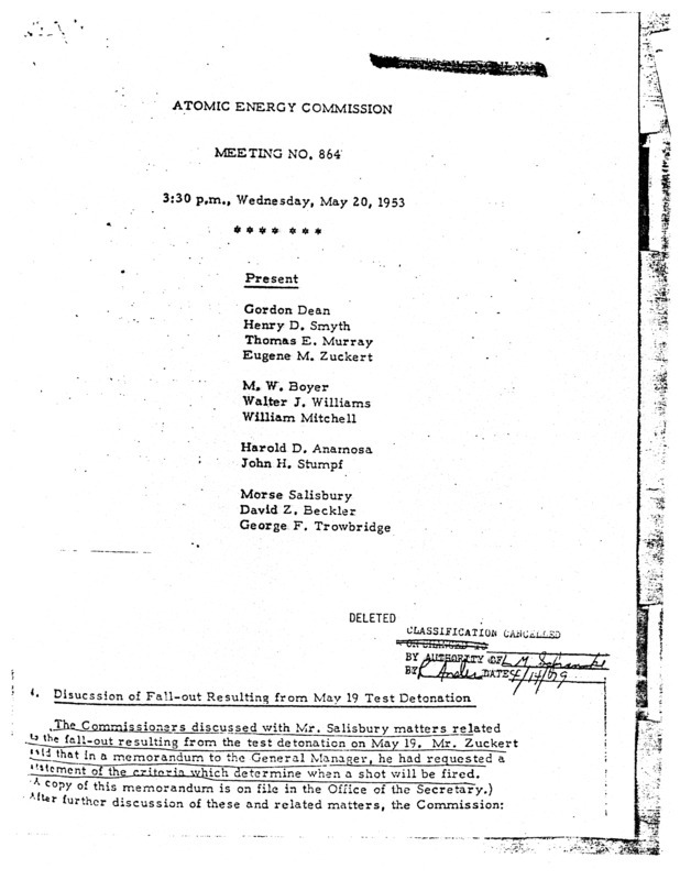Annotation: "Atomic energy commission;Meeting no. 864;3:30 p.m., Wednesday, May 20, 1953"