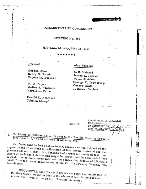 Annotation: "Atomic energy commission;Meeting no. 868;2:30 p.m., Monday, May 25, 1953"