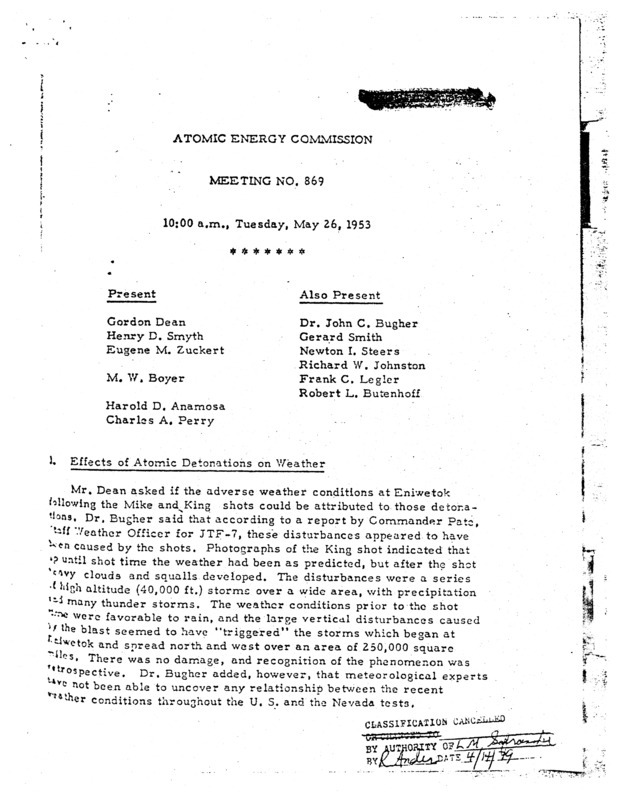 Annotation: "Atomic energy commission;Meeting no. 869;10:00 a.m., Tuesday, May 26, 1953"