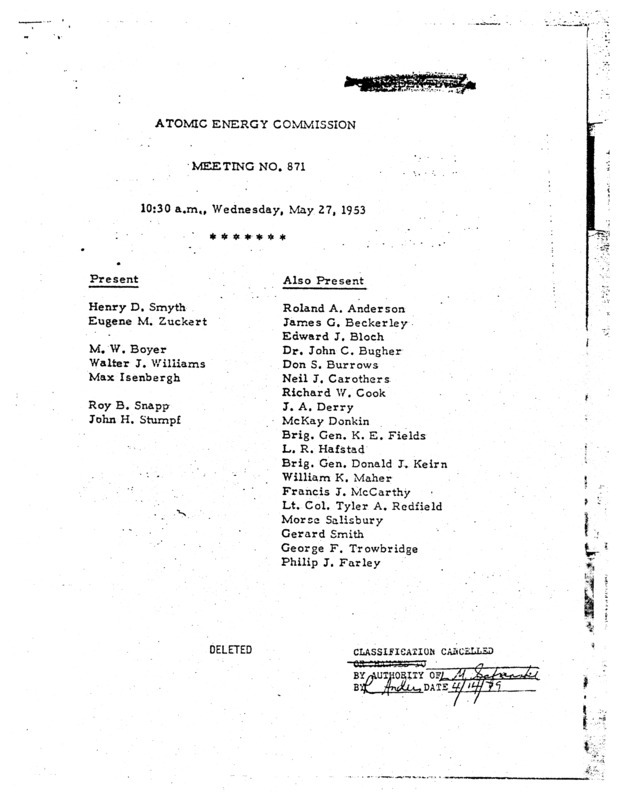 Annotation: "Atomic energy commission;Meeting no. 871;10:30 a.m., Wednesday, May 27, 1953"