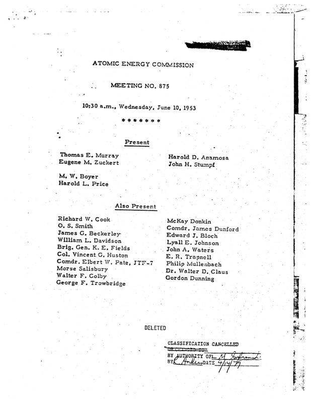 Annotation: "Atomic energy commission;Meeting no. 875;10:30 a.m., Wednesday, June 10, 1953"