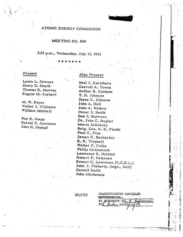 Annotation: "Atomic energy commission;Meeting no. 888;2:15 p.m., Wednesday, July 15, 1953"