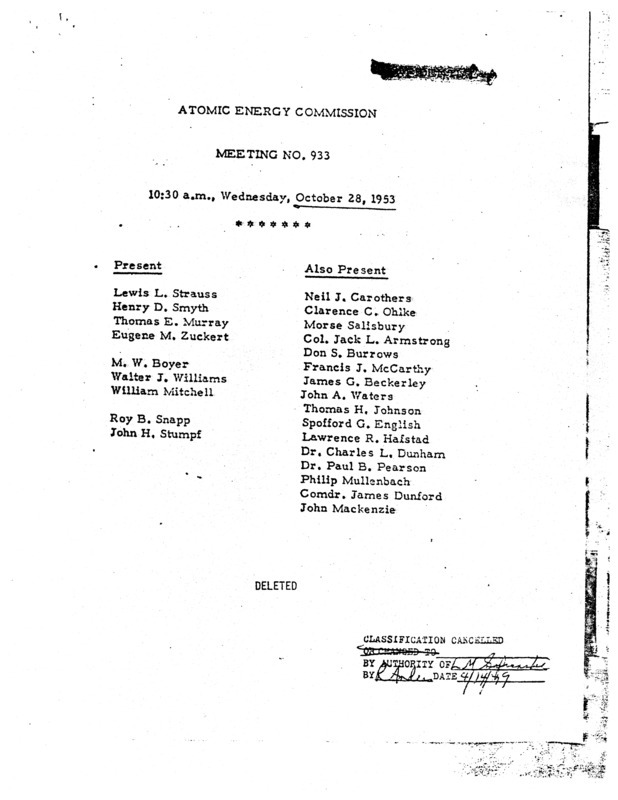 Annotation: "Atomic energy commission;Meeting no. 933;10:30 a.m., Wednesday, October 28, 1953"
