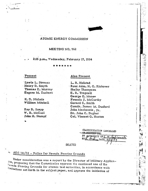 Annotation: "Atomic energy commission;Meeting no. 962;2:15 p.m., Wednesday, February 17, 1954"