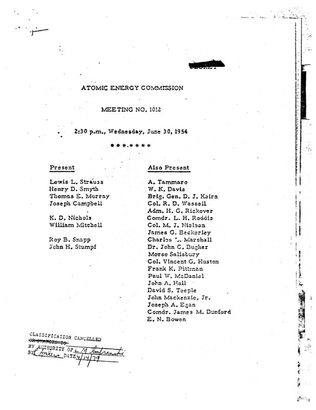 Annotation: "Atomic energy commission;Meeting no. 1012;2:30 p.m., Wednesday, June 30, 1954"