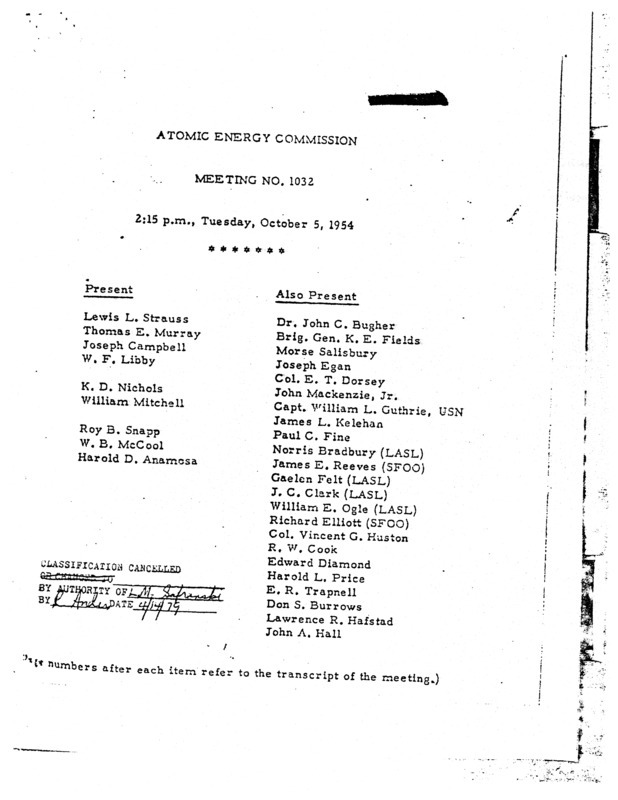 Annotation: "Atomic energy commission;Meeting no. 1032;2:15 p.m., Tuesday, October 5, 1954"