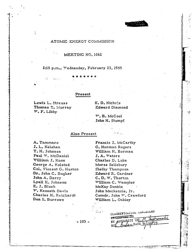 Annotation: "Atomic energy commission;Meeting no. 1062;2:15 p.m., Wednesday, February 23, 1955"