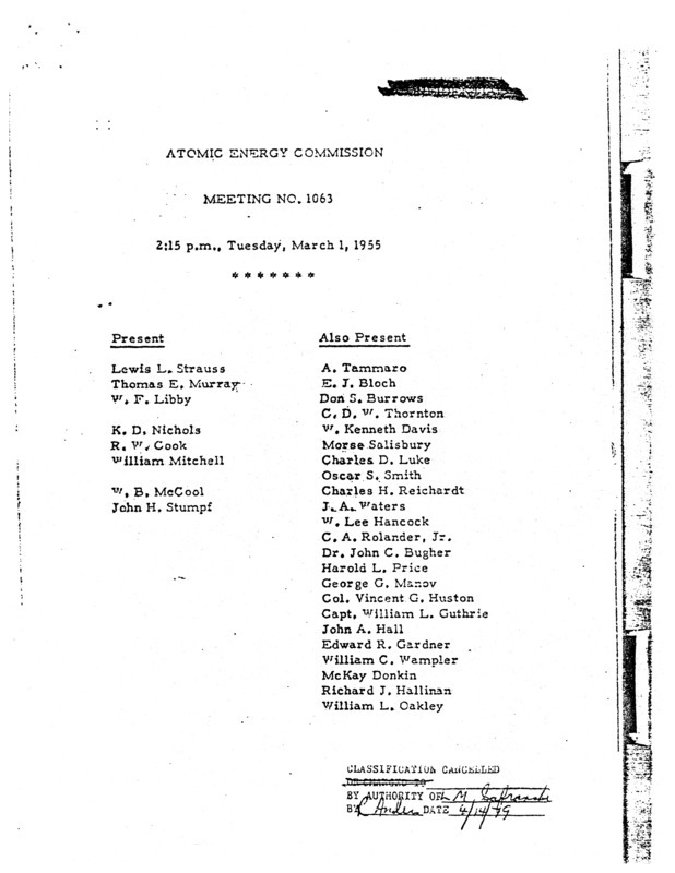 Annotation: "Atomic energy commission;Meeting no. 1063;2:15 p.m., Tuesday, March 1, 1955"