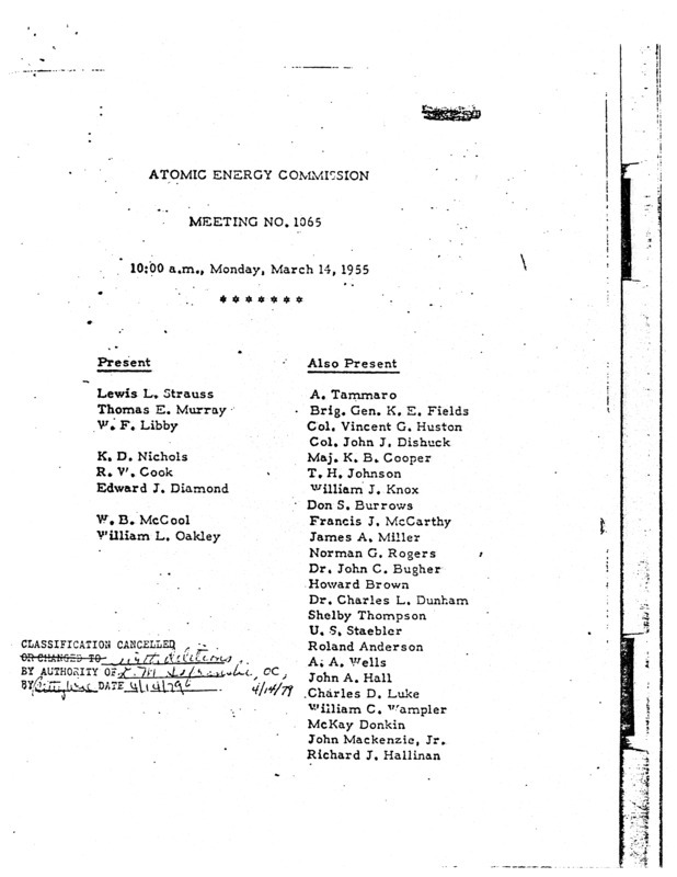 Annotation: "Atomic energy commission;Meeting no. 1065;10:00 a.m., Monday, March 14, 1955"