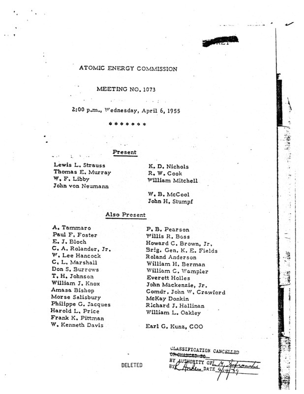 Annotation: "Atomic energy commission;Meeting no. 1073;2:00 p.m., Wednesday, April 6, 1955"