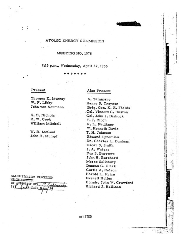 Annotation: "Atomic energy commission;Meeting no. 1078;2:15 p.m., Wednesday, April 27, 1955"