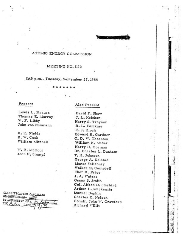 Annotation: "Atomic energy commission;Meeting no. 1130;2:15 p.m., Tuesday, September 27, 1955"
