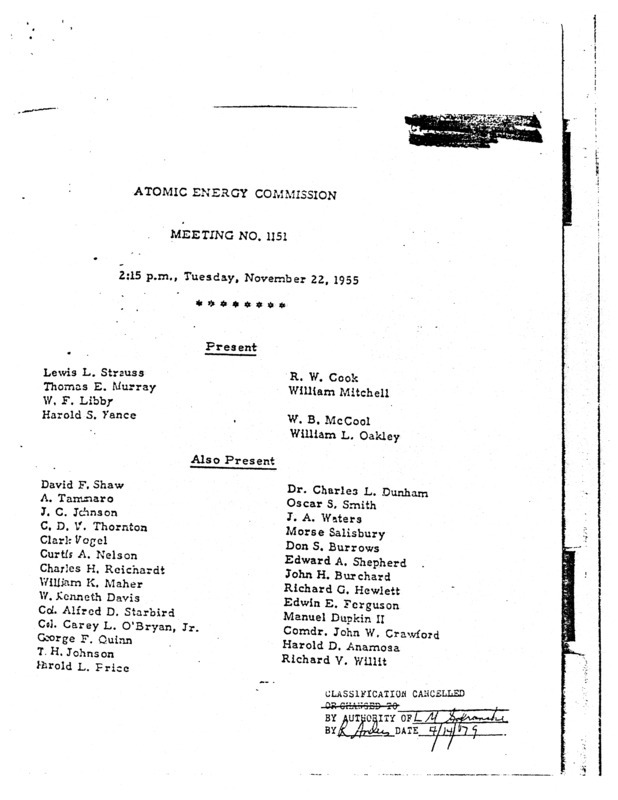 Annotation: "Atomic energy commission;Meeting no. 1151;2:15 p.m., Tuesday, November 22, 1955"