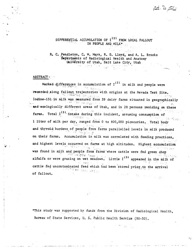 Differential accumulation of I-131 from local fallout in people and milk