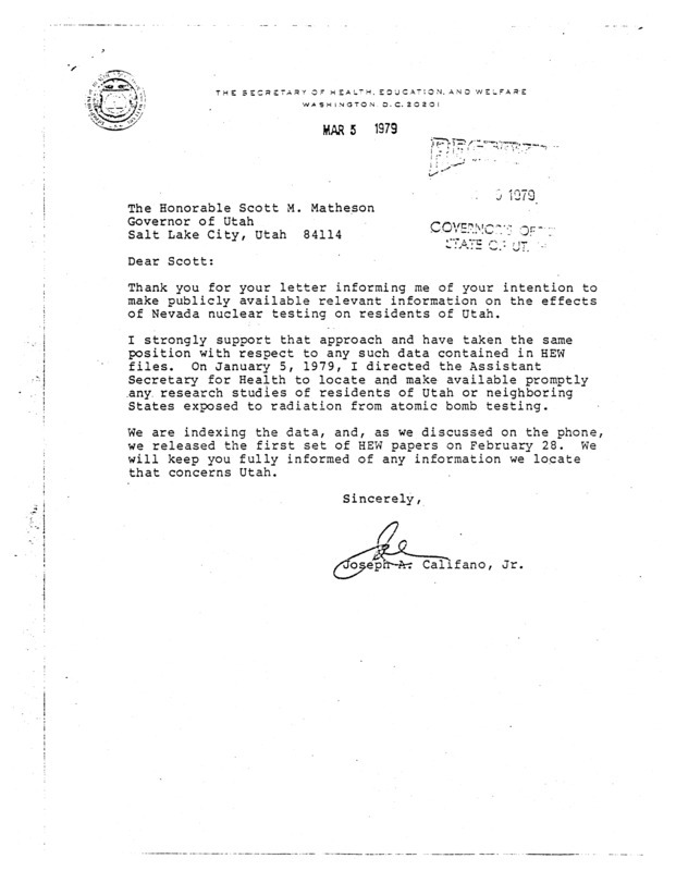Joseph A. Califano, Jr. letter to Scott M. Matheson, March 5, 1979