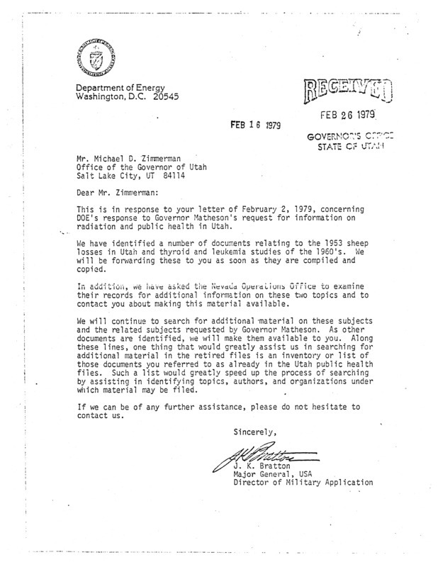 J. K. Bratton letter to Michael D. Zimmerman, February 16, 1979