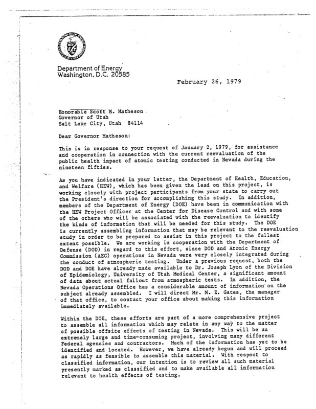 Dale D. Myers letter to Scott M. Matheson, February 26, 1979