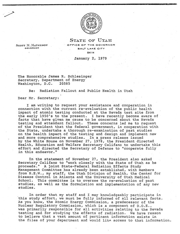 Scott M. Matheson letter to James R. Schlesinger, January 2, 1979