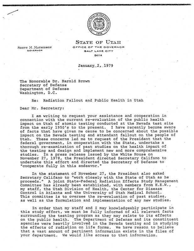 Scott M. Matheson letter to Harold Brown, January 2, 1979