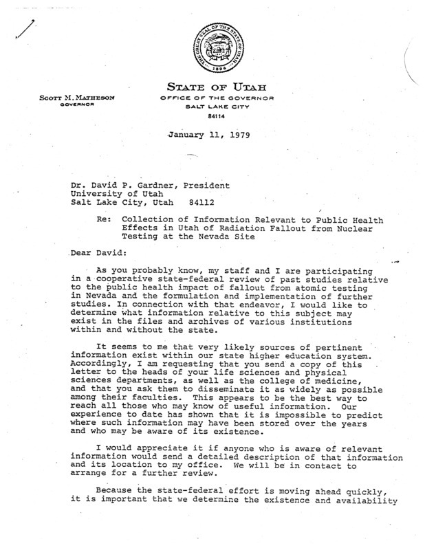 Scott M. Matheson letter to David P. Gardner, January 11, 1979