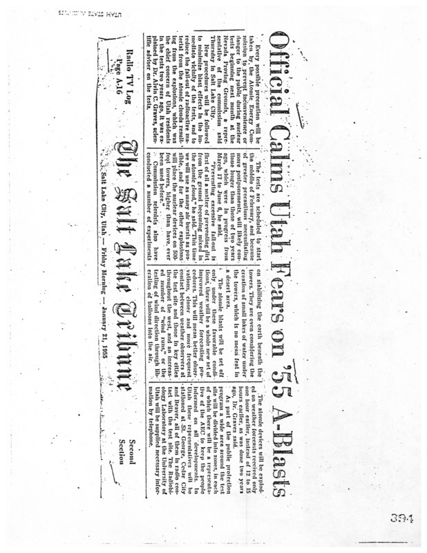 Official calms Utah fears on '55 A-blasts