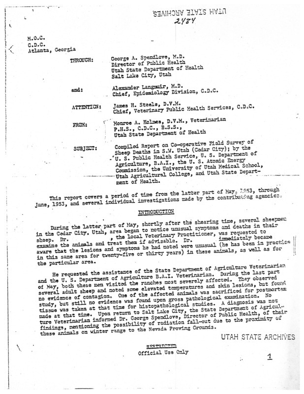 Compiled report on co-operative field survey of sheep deaths in S.W. Utah