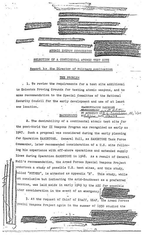 Atomic Energy Commission selection of a continental atomic test site