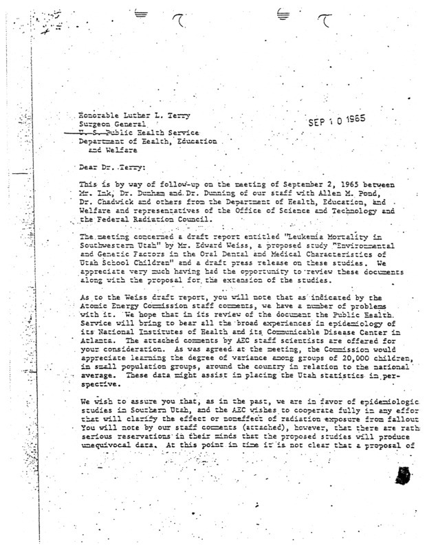 Dwight A. Ink letter to Luther L. Terry with two attachments, September 10, 1965