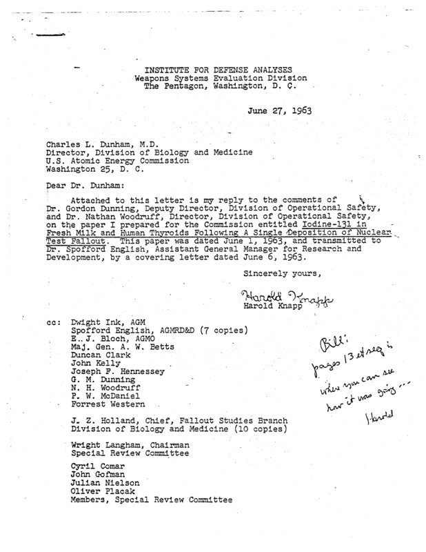 Harold Knapp letter to Charles L. Dunham, June 27, 1963