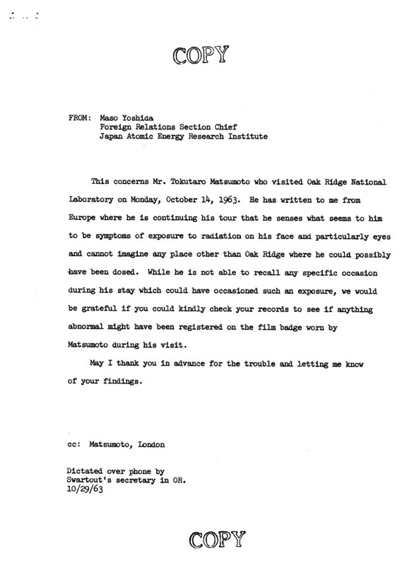 Annotation: Copy. Dictated over phone by Swartout's secretary in OR. 10/29/63