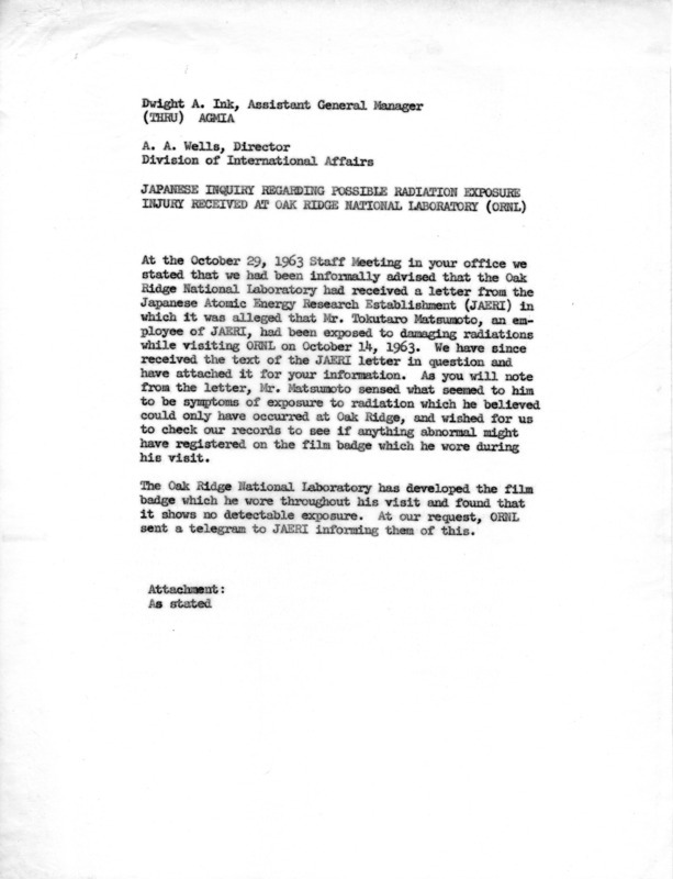 Annotation: Japanese inquiry regarding possible radiation exposure injury received at Oak Ridge National Laboratory (ORNL)
