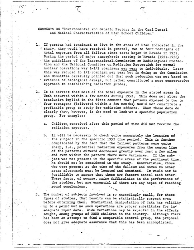 Comments on "Environmental and genetic factors in the oral dental and medical characteristics of Utah school children"