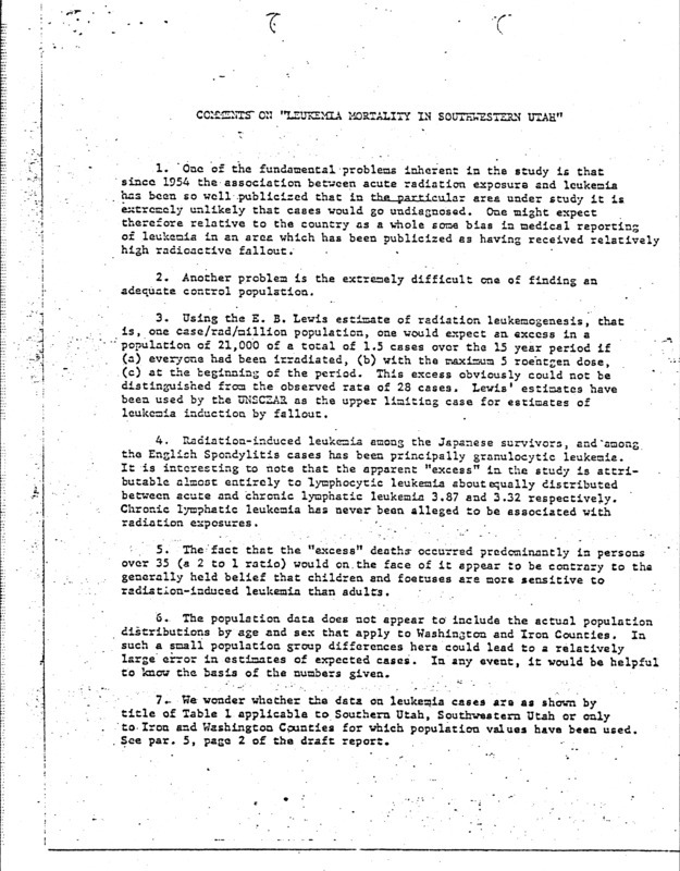 Comments on "Leukemia mortality in Southwestern Utah"