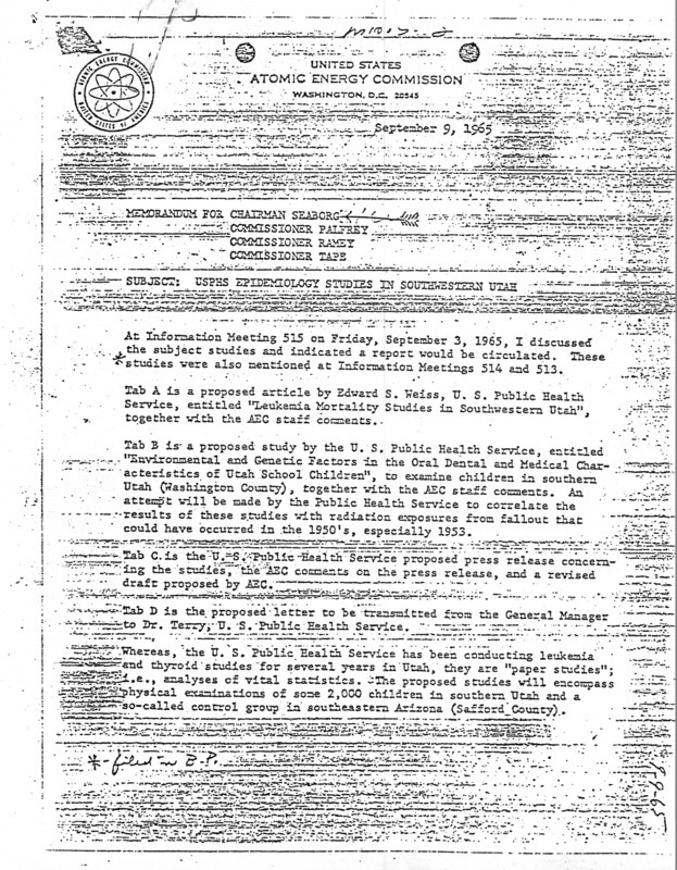 Annotation: Subject: USPHS [United States Public Health Service] epidemiology studies in southern Utah