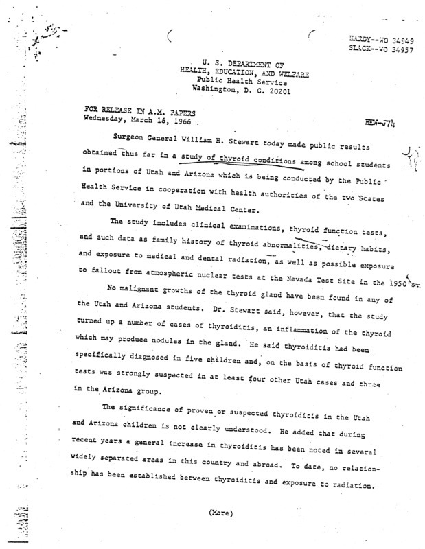 Annotation: For release in A.M. papers. Wednesday, March 16, 1966. HEW-/J74