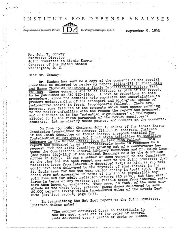 Harold A. Knapp letter to John T. Conway, September 9, 1963
