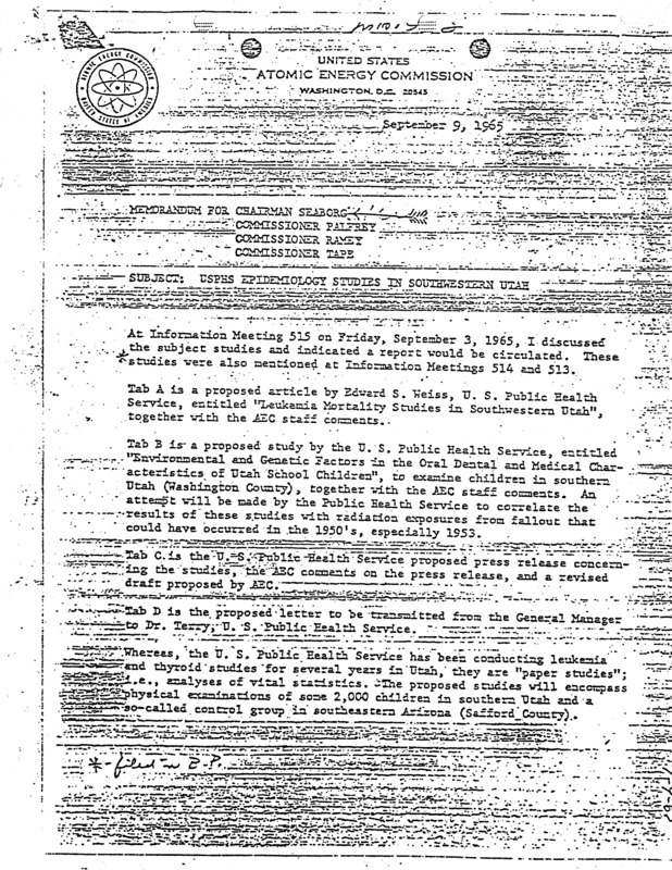 Annotation: Subject: USPHS [United States Public Health Service] epidemiology studies in southern Utah