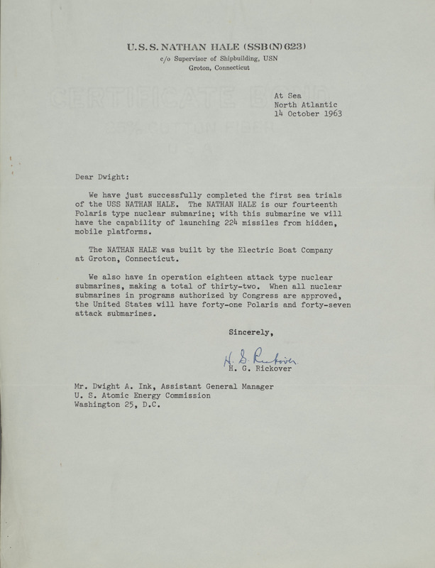 H. G. Rickover letter to Dwight Ink, October 14, 1963
