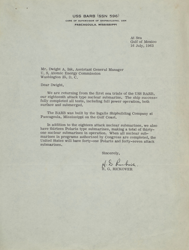 H. G. Rickover letter to Dwight Ink, July 16, 1963