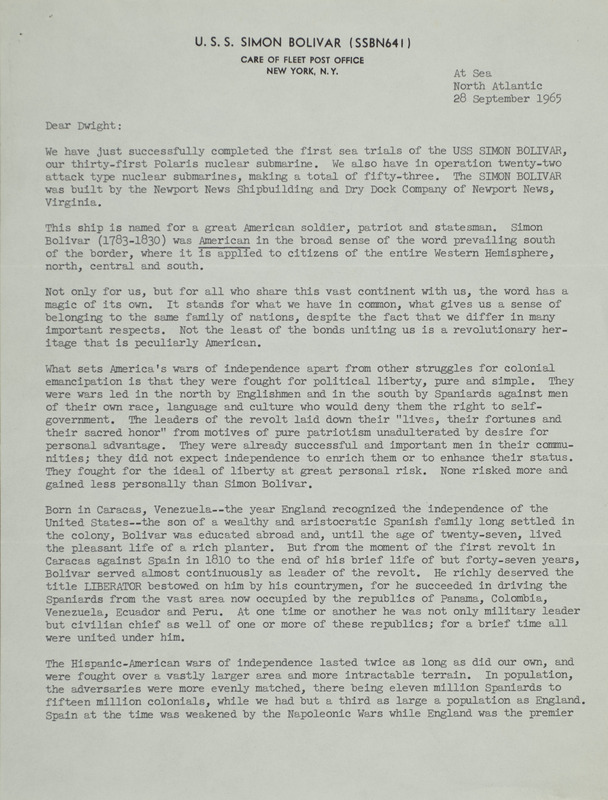 H. G. Rickover letter to Dwight Ink, September 28, 1965