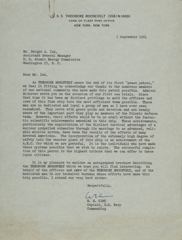 W. E. Sims letter to Dwight Ink, September 1, 1961