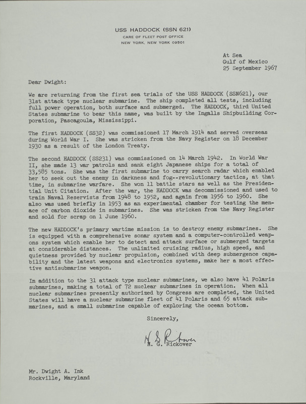 H. G. Rickover letter to Dwight Ink, September 25, 1967