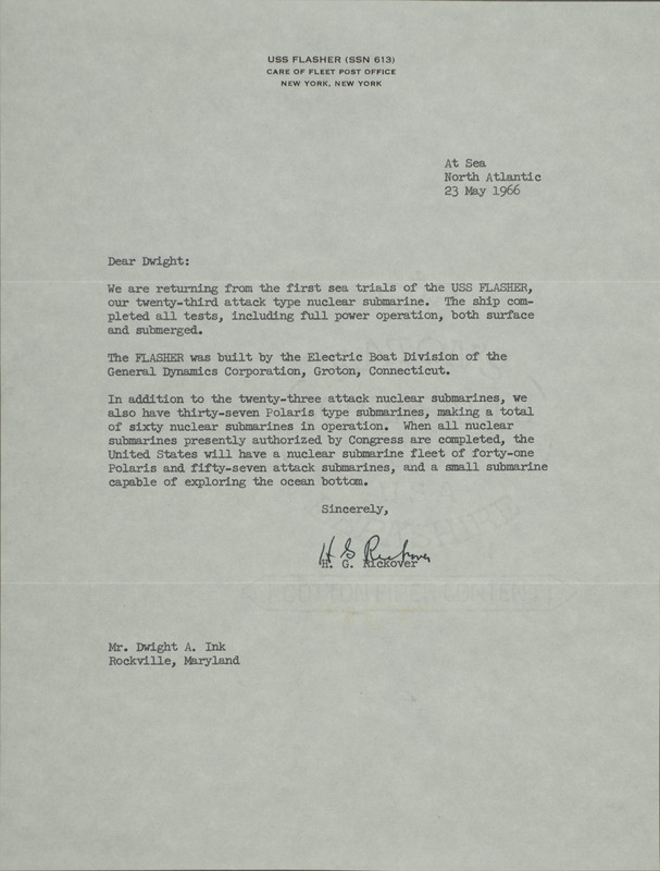 H. G. Rickover letter to Dwight Ink, May 23, 1966