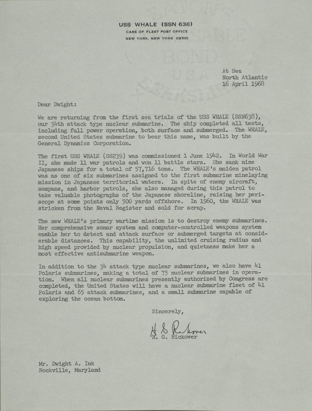 H. G. Rickover letter to Dwight Ink, April 16, 1968