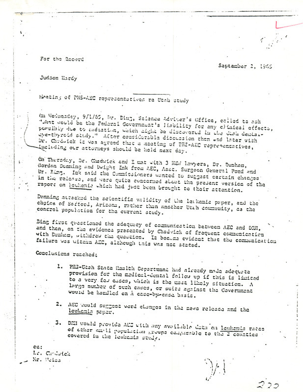 Annotation: "Meeting of PHS-AEC representatives re Utah study"