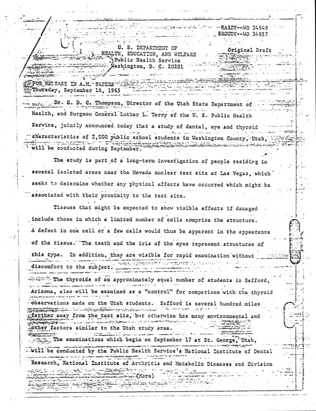 Press announcement on the study of dental, eye, and thyroid characteristics among school students in Washington county, Utah (original draft), September 16, 1965