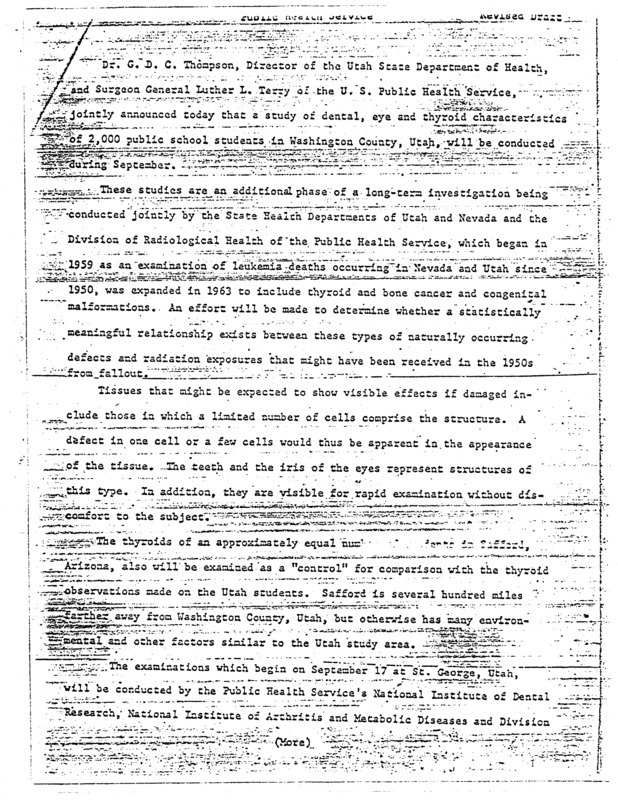 Press announcement on the study of dental, eye, and thyroid characteristics among school students in Washington county, Utah (revised draft)