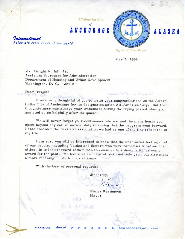 Elmer Rasmuson letter to Dwight Ink, May 3, 1966